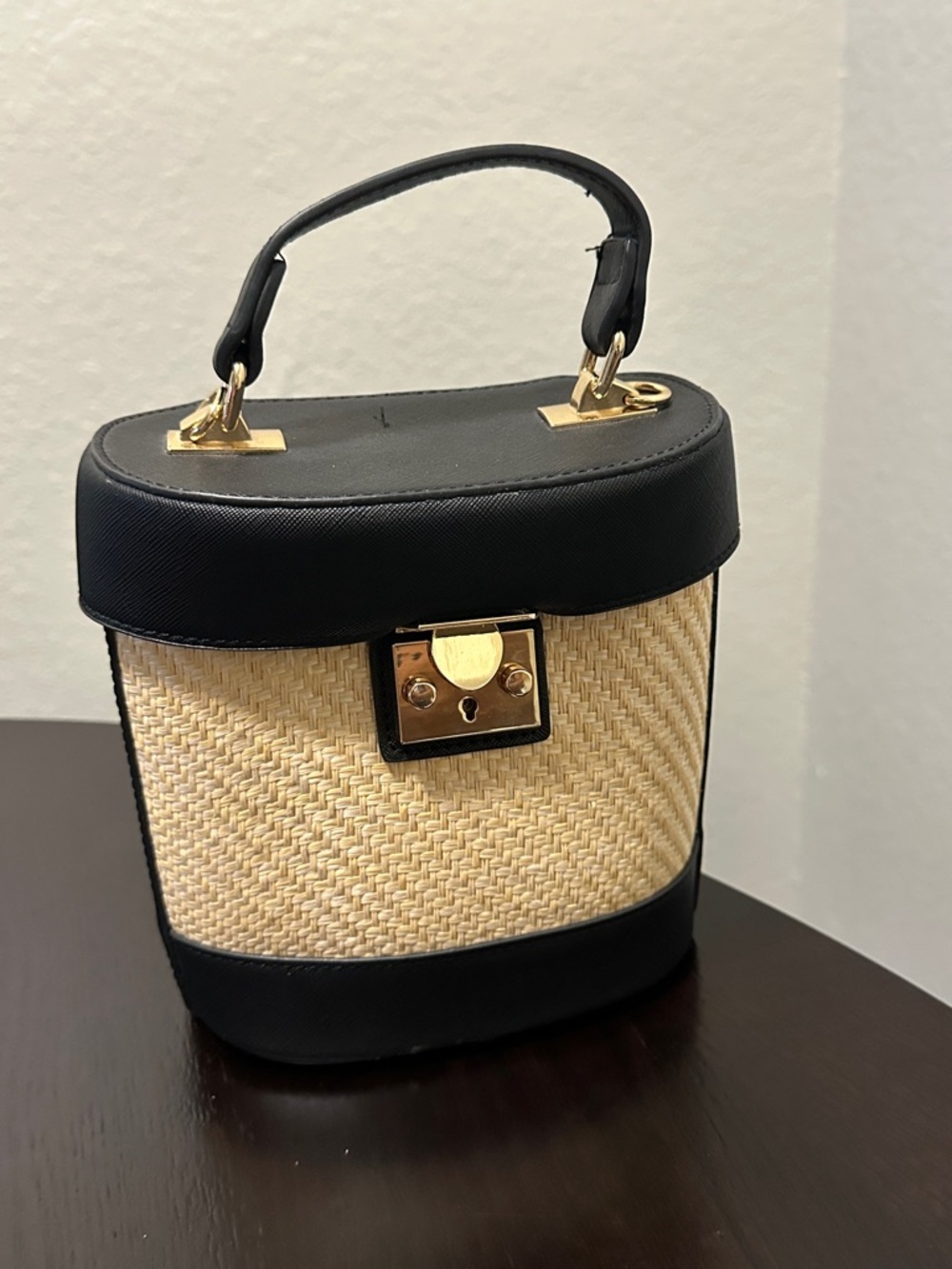 Woven Straw Top-Handle Bag with Black Trim